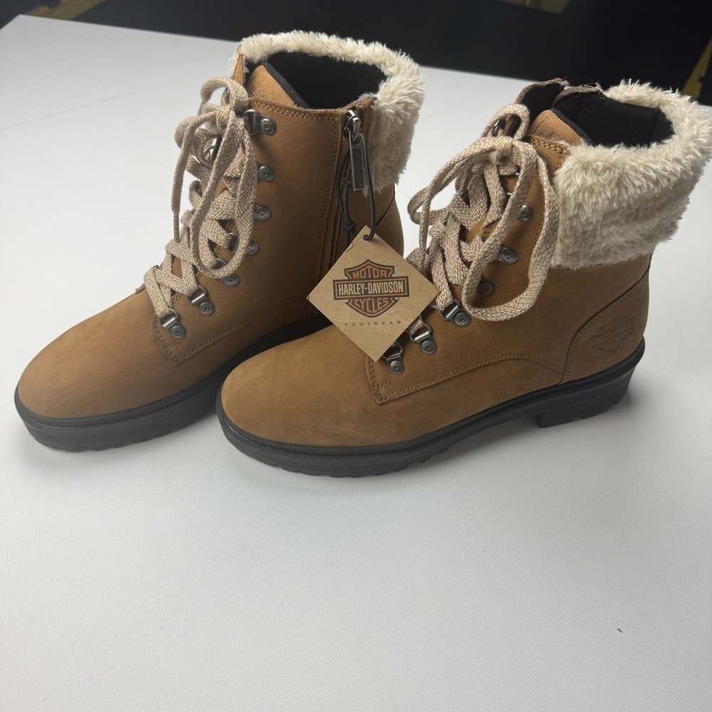 Harley Davidson Womens 10 M Brown Leather Faux Fur Lace Up Moto Boots NWT